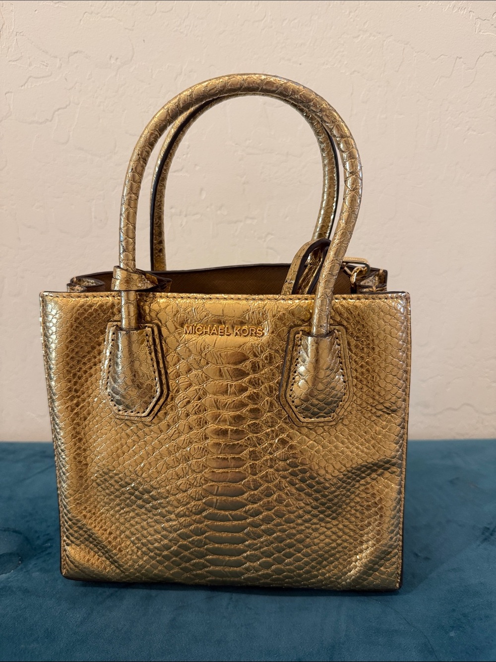 Michael Kors Metallic Gold Snake-Embossed Mini Satchel